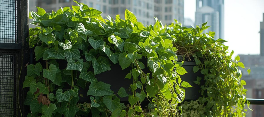 Very busy ivy hanging over balcony rail.