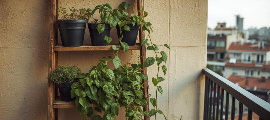 Ladder vertical wall garden with multiple plants in clay pots on a small city balcony.