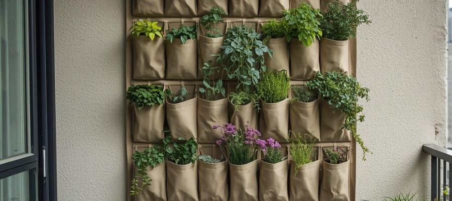 Pocket wall garden filled with plants on a city balcony.