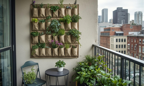 City balcony with pocket wall garden hanging on the wall behind small table and a chair.