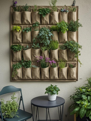 City balcony with pocket wall garden hanging on the wall behind small table and a chair.