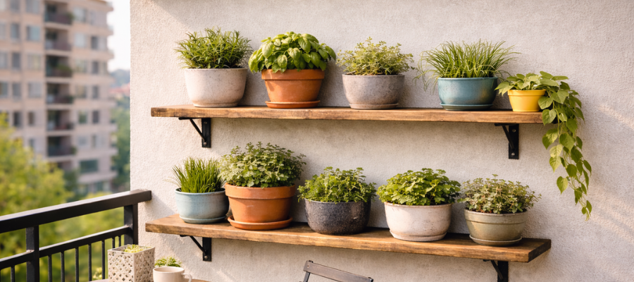 Two shelves on balcony well filled with heavy looking plant pots.