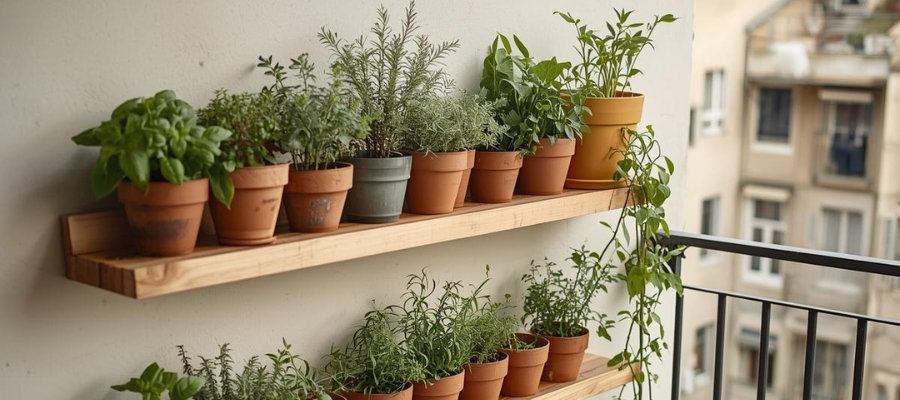 Two shelves on a balcony wall filled with plants in clay pots.