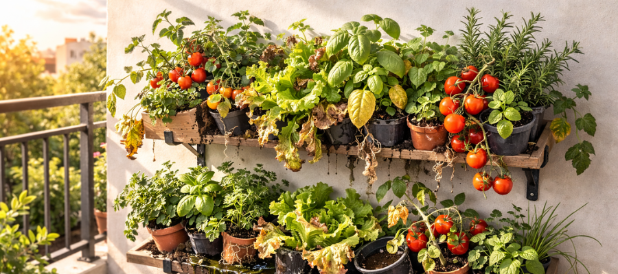 Balcony wall garden with two shelves filled with overcrowded and overwatered plants.
