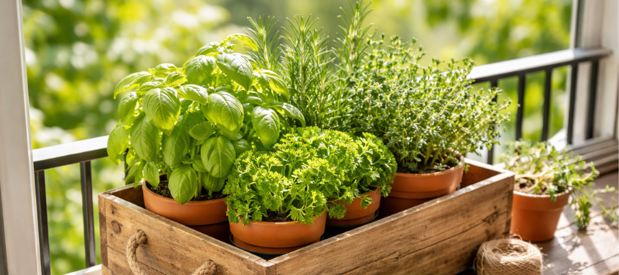 Wooden crate on the windowsill full of clay pots with lushy green herbs.