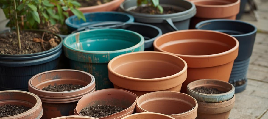 Many ceramic, clay and plastic pots in different sizes and colors on a messy pation.