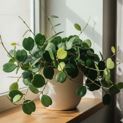 Lushy hoya kerrii plant in white pot at the wooden windowsill.