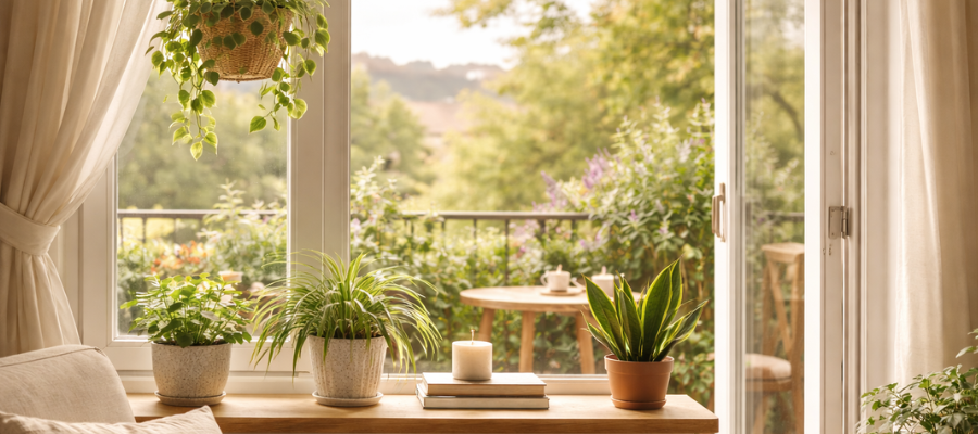 Calm window light with houseplants and balcony view