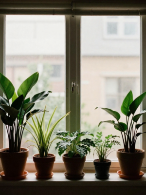 Five houseplants in north facing window in ceramic pots.