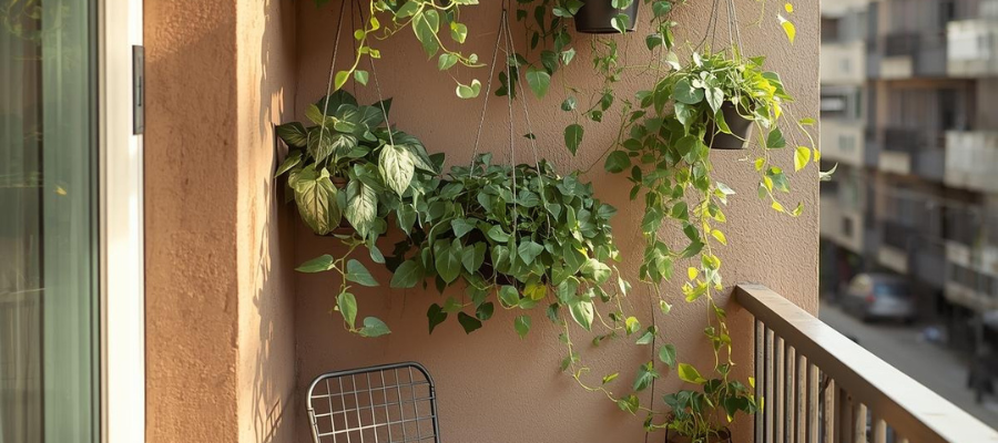 Mulitple hanging planters with trailing plants on sunlit beige balcony.