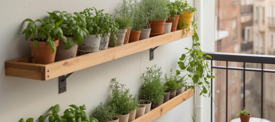 Two wall shelves on city balcony filled with small potted herbs.