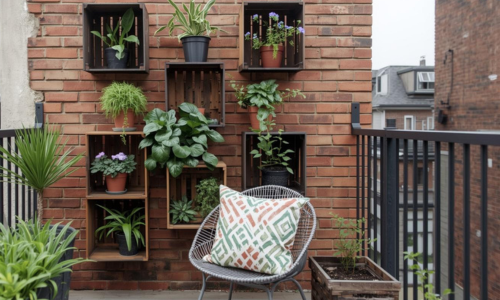 City balcony with a chair and cushion in front of a vertical garden made from wooden crates 
              mounted on a brick wall holding multiple potted plants.